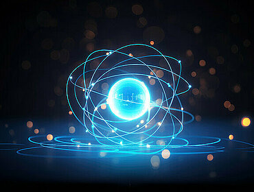 Wissenschaftlich-thechnologischer Hintergrund mit einem Modell eines Atoms