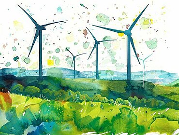 Ein Aquarellgemälde einer Landschaft mit Windkraftanlagen, das saubere Energie, ökologische Nachhaltigkeit, erneuerbare Ressourcen, technologischen Fortschritt und eine nachhaltige Zukunft symbolisiert.