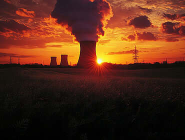 Kernkraftwerk bei Sonnenuntergang