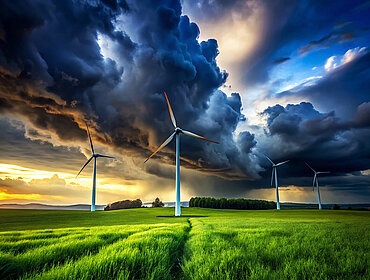 Silhouette von Windturbinen auf einer Wiese vor einem Gewitterhimmel – Windpark für erneuerbare Energien.
