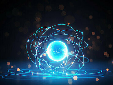 Wissenschaftlich-thechnologischer Hintergrund mit einem Modell eines Atoms