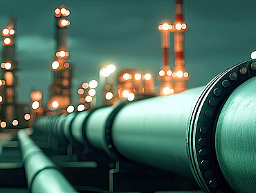 Erdgaslagerkonzept. Eine Nahaufnahme von Industrie-Pipelines, die zu beleuchteten Raffinerien führen und eine nächtliche Szenerie mit einem grünlichen Farbton zeigen.