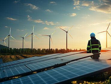 PV-Anlage und Windräder unter blauem Himmel bei Sonnenuntergang