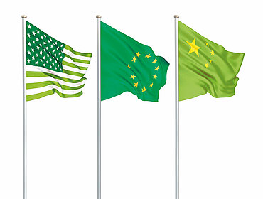 Drei grüne Flaggen: USA, EU und China